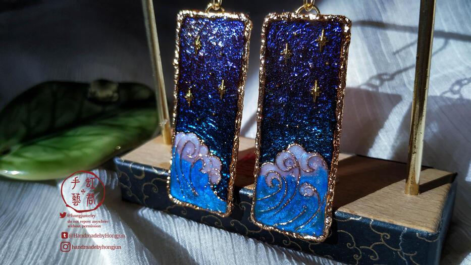 ocean &amp; night sky brass portrait earrings