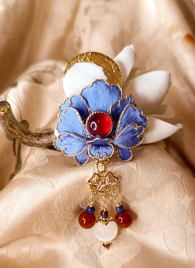 Peony and moon brooch